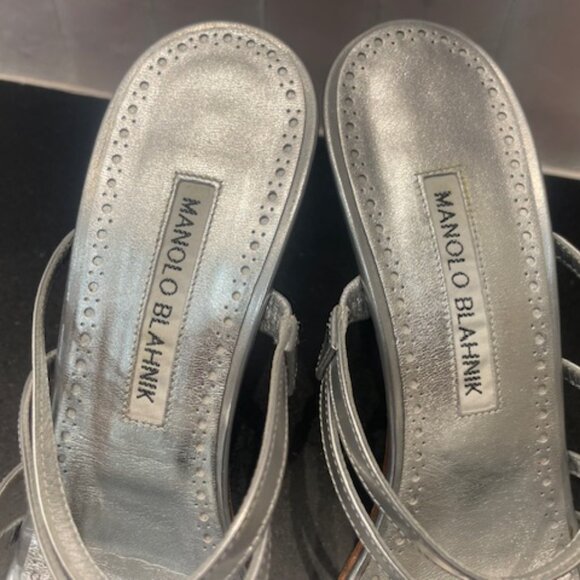 Manolo Blahnik Silver Strappy Heels Sandals Slides Shoes Luxury Sz 38 US 8 Italy - Picture 9 of 10